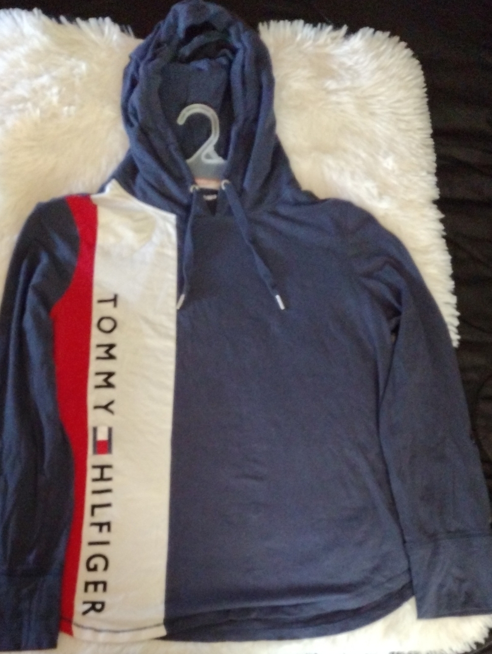 Tommy Hilfiger Men's Navy Hoodie Sweater with White & Red Stripe Woman's